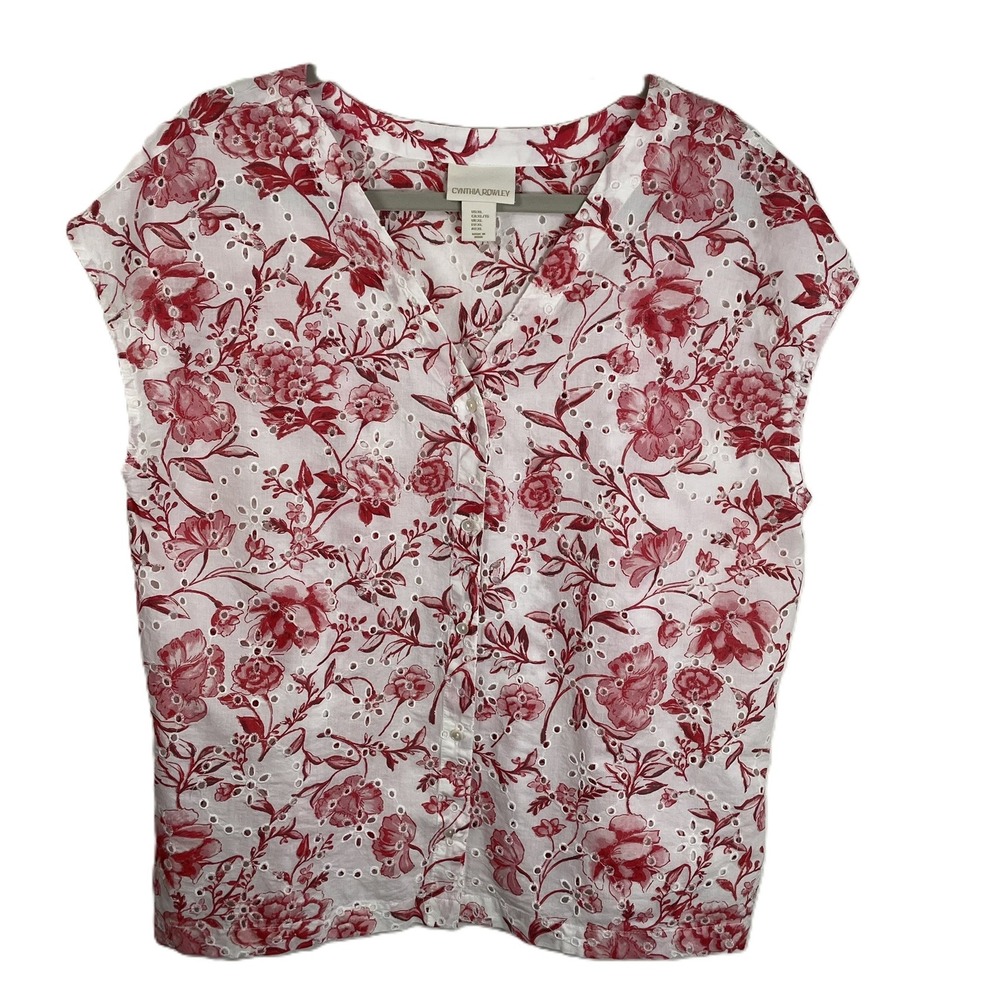Cynthia Rowley Womens XL Red Floral Eyelet Cotton Button Down Blouse Cap Sleeve‎